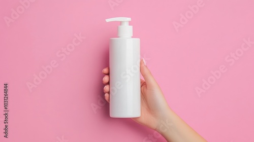 A person's hand holds a plain white shampoo bottle pump, with his fingers slightly visible behind him on an isolated background. The bottle has no label for product packaging