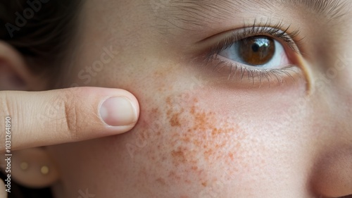 Close-up of a person pointing at skin with freckles, soft focus background.