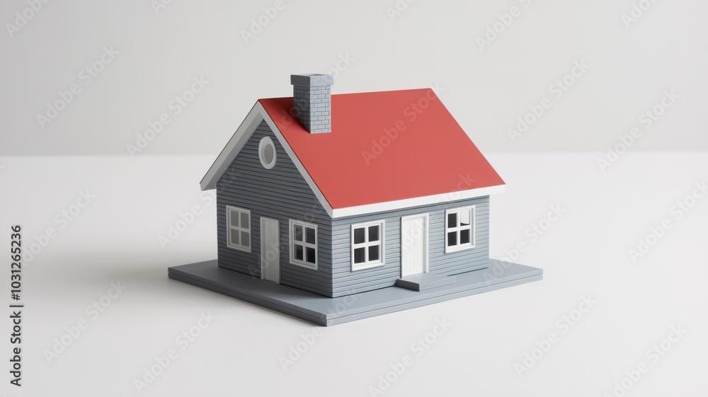 Model house with gray walls and red roof on a white isolated background. Model house with gray walls and red roof on a white isolated background.