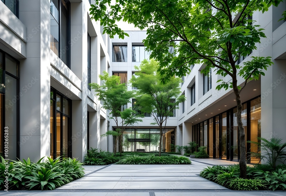 Modern Courtyard with Lush Greenery and Geometric Architecture Modern Courtyard with Lush Greenery and Geometric Architecture