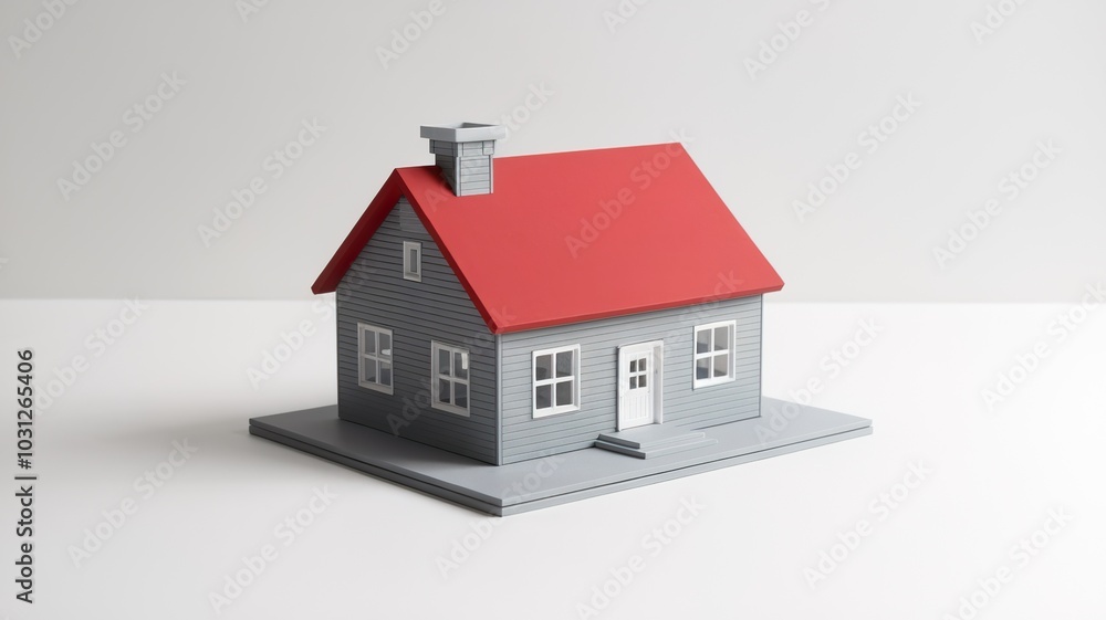 Gray model house with a red roof on a white isolated background. Gray model house with a red roof on a white isolated background.