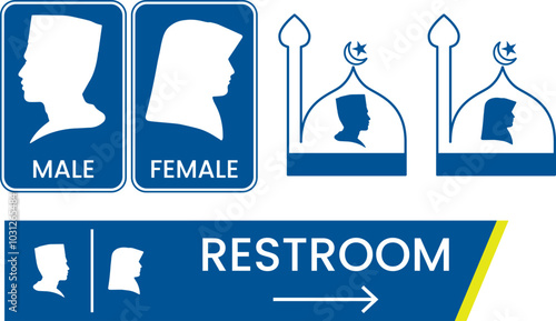 Restroom icons with distinct male and female symbols, incorporating cultural elements such as a mosque dome and crescent, creating a unique and identifiable design.