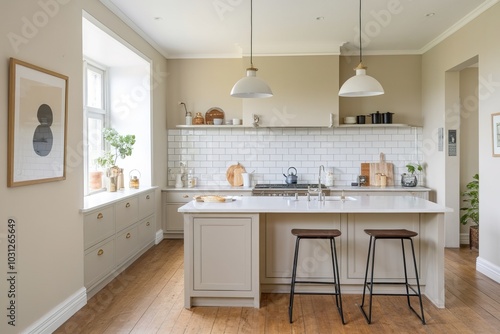 Modern kitchen interior with wooden floor and stylish decor elements.