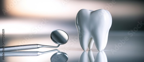 Shiny tooth with dental mirror on smooth surface, blurred background.