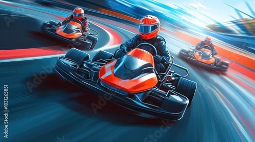 Kart racing illustrations, featuring go-karts racing on a track, lively scenes and action-filled turns