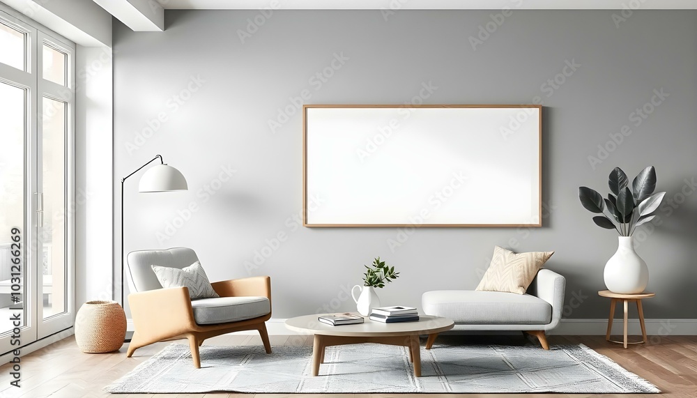A modern living room with a blank frame wall art A modern living room with a blank frame wall art