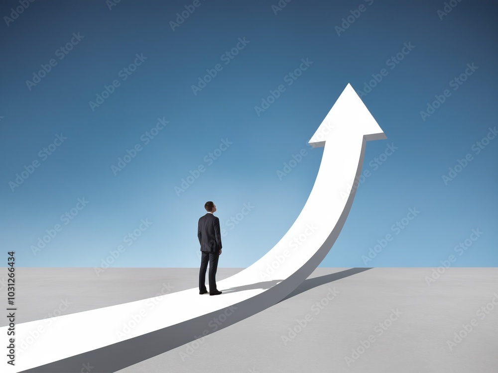 Obraz premium Businessman standing before an upward arrow symbolizing growth and success.