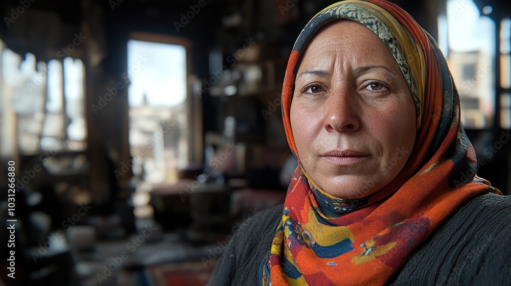 A woman in a colorful scarf, gazing thoughtfully in an indoor setting. A woman in a colorful scarf, gazing thoughtfully in an indoor setting.
