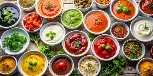 Assortment of Sauces in White Bowls for Culinary Creations, Dips, Dressings, and Gourmet Flavors in a Kitchen Setting