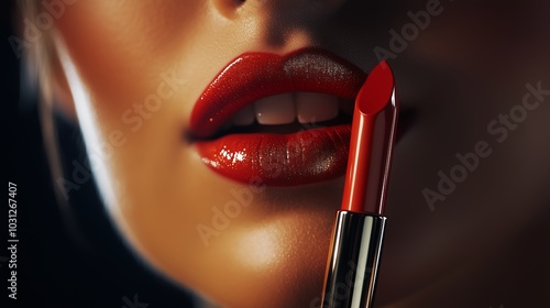 Red Lipstick Applied to Glossy Lips Closeup 