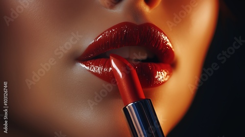 Red Lipstick Applied to Glossy Lips Closeup 