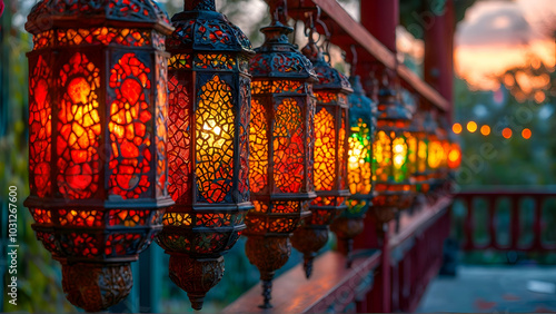 Happy Diwali Background, Series of Multi-colored Lanterns