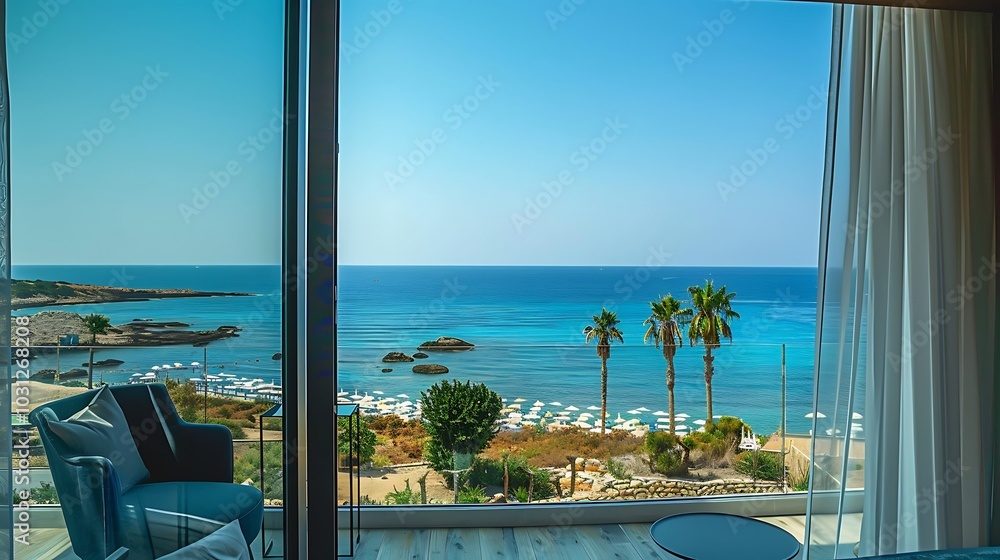 Fototapeta premium Beautiful view from the window to the sea and palm trees.