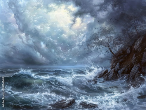 Stormy Seascape: Dramatic Sky and Crashing Waves