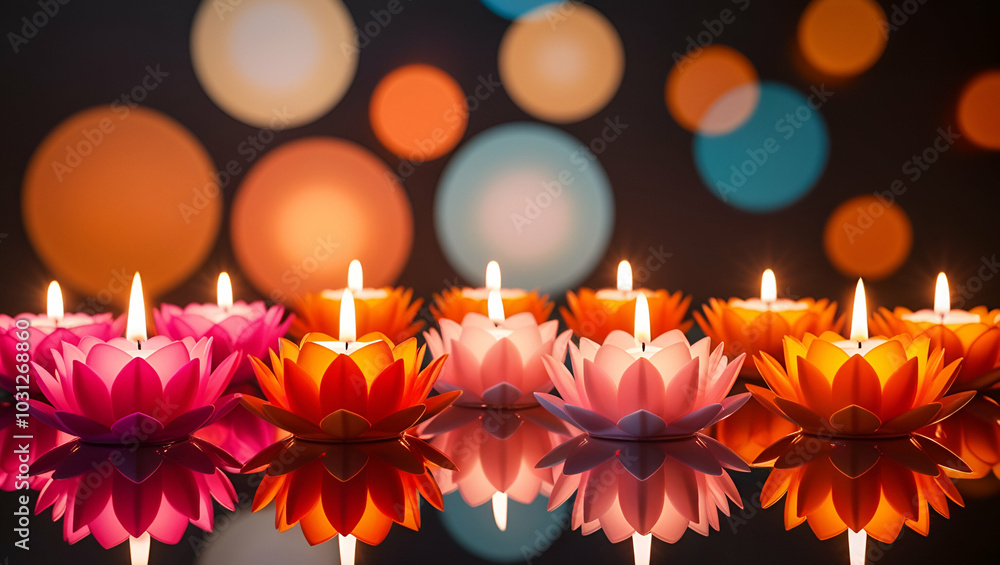 Happy Diwali Background, Colorful clay diya lamps with flowers on purple background Happy Diwali Background, Colorful clay diya lamps with flowers on purple background
