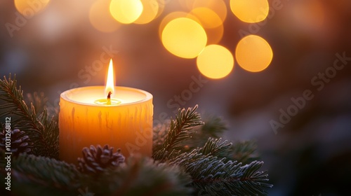 Single lit candle with pine branches and bokeh lights, festive and cozy atmosphere concept