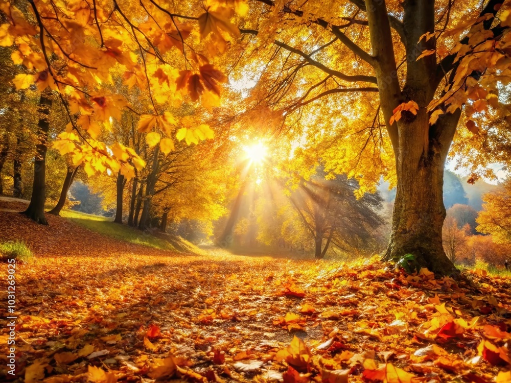 Autumn Landscape with Trees and Yellow Leaves - Tranquil Nature Scene for Seasonal Inspiration Autumn Landscape with Trees and Yellow Leaves - Tranquil Nature Scene for Seasonal Inspiration