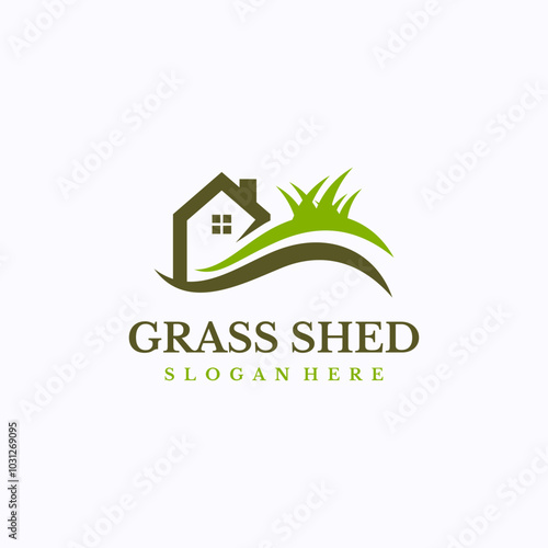 Green home logo design template. Grass storage shed concept. Creative vector symbol.