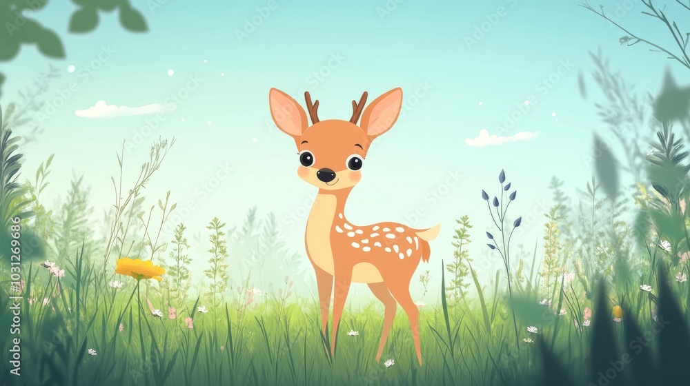 Cute Cartoon Deer in a Serene Nature Scene Cute Cartoon Deer in a Serene Nature Scene