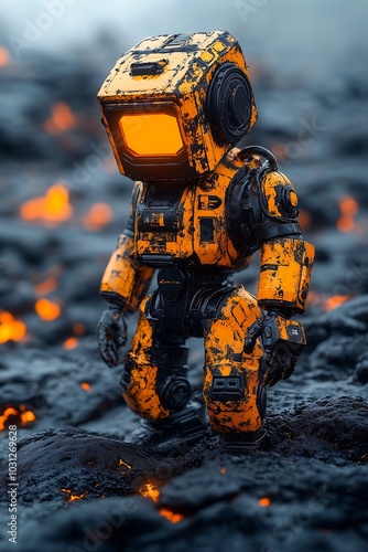 Yellow Robot Standing on Volcanic Lava Field 