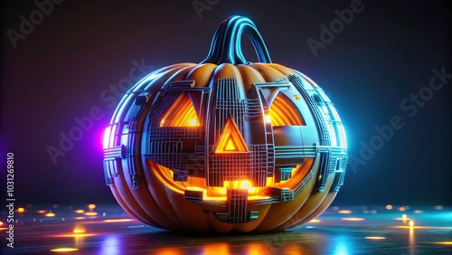 Wallpaper Mural Futuristic Halloween pumpkin with neon lights, fog, and cybernetic elements, futuristic, Halloween, pumpkin, neon Torontodigital.ca