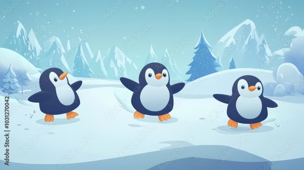 Cartoon Penguins Sliding on Ice in Winter Landscape Cartoon Penguins Sliding on Ice in Winter Landscape