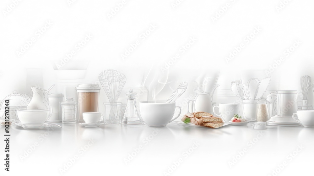 Dramatic cinematic abstract art lines in smooth white, such as coffee cups and kitchen utensils, arranged in an elegant layout in the background Dramatic cinematic abstract art lines in smooth white, such as coffee cups and kitchen utensils, arranged in an elegant layout in the background