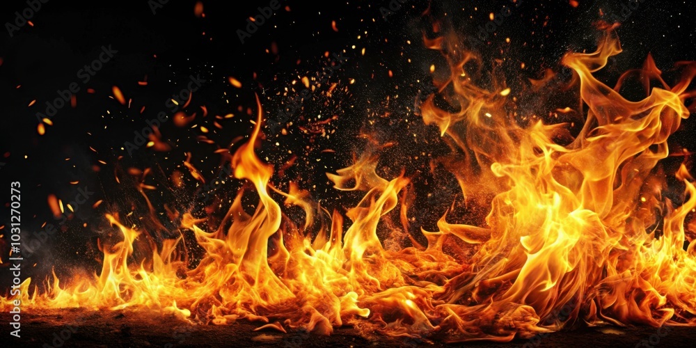 Close-up of fiery flames and sparks on a black background, fire, flames, sparks, heat, burning, close-up, abstract, red Close-up of fiery flames and sparks on a black background, fire, flames, sparks, heat, burning, close-up, abstract, red