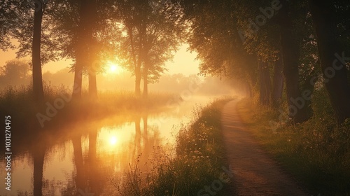 A dirt path winds alongside a misty canal at sunrise, sunlight filtering through the trees.