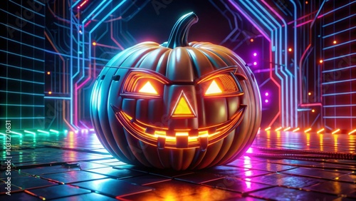 Wallpaper Mural Futuristic Halloween pumpkin with cybernetic design and neon lights, neon, foggy, background, futuristic Torontodigital.ca