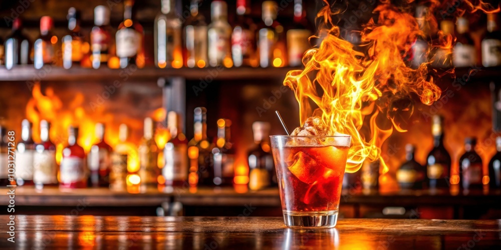 Fiery cocktail on a bar counter , fire, elegance, sophistication, burning, flame, drink, cocktail, alcohol, bar, nightlife Fiery cocktail on a bar counter , fire, elegance, sophistication, burning, flame, drink, cocktail, alcohol, bar, nightlife