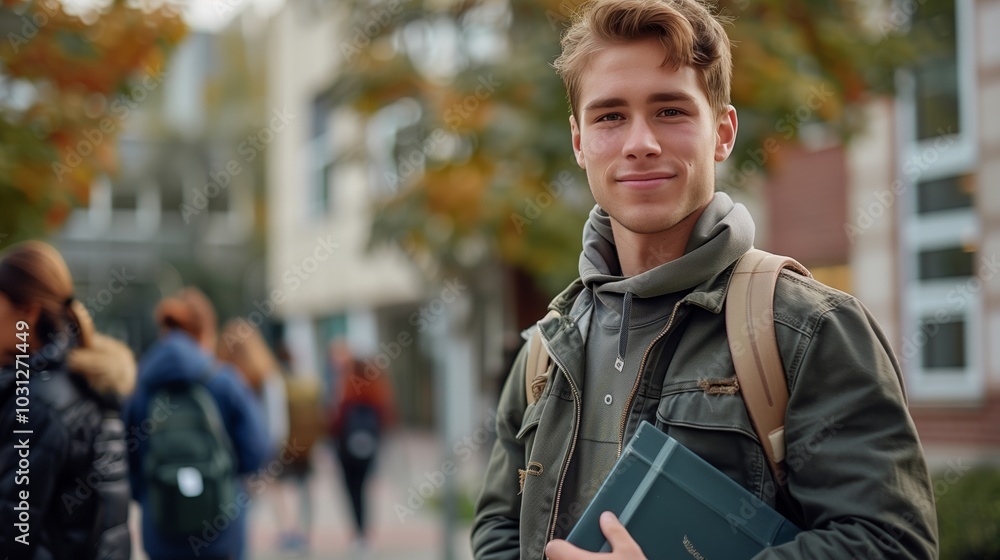 Fototapeta premium A handsome young man stands outside the university, holding books and smiling at the camera with students walking behind him, wearing casual