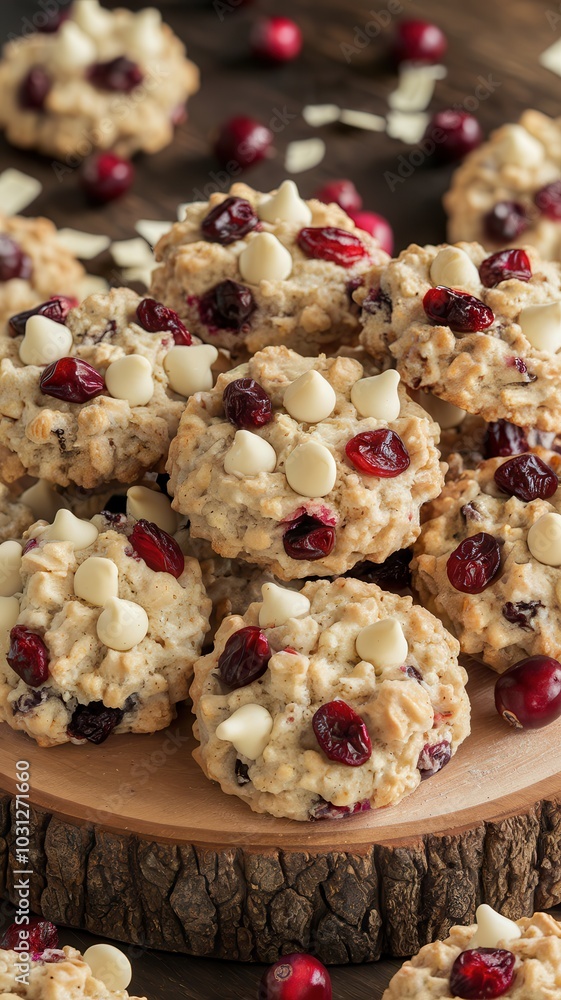 Fototapeta premium Rustic platter with chocolate chip scones and cranberries on a wooden table