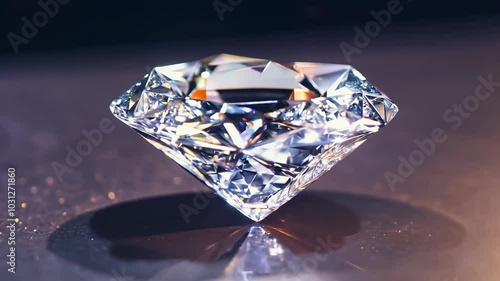 Close-up of a brilliant diamond sparkling under warm light, resting on a reflective surface