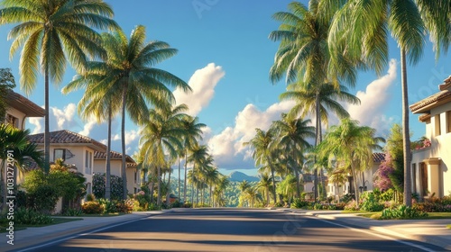 A picturesque street lined with palm trees and white houses, bathed in the warm glow of a setting sun.