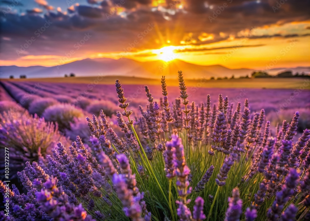 Naklejka premium Beautiful Lavender Fields in Provence, Closeup of Blooming Flowers with Soft Light for Fashion Photography
