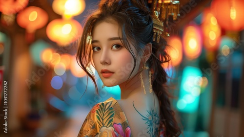 Beautiful Chinese girl with a floral tattoo on her back, wearing a cheongsam and golden earrings