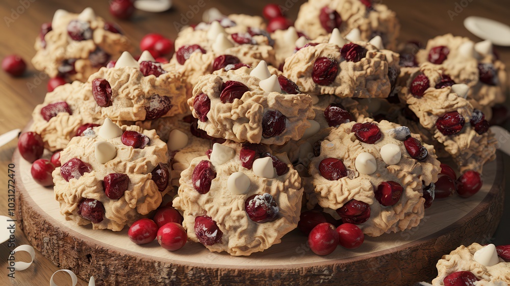 Fototapeta premium Close-up of round golden-brown cookies with cranberries on top