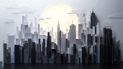 Abstract cityscape silhouette with layered geometric paper cut shapes, deconstructed and modern for urban or architectural themes photo