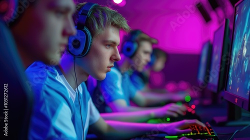 Team of Teenage Gamers Play in Multiplayer PC Video Game on a eSport Tournament