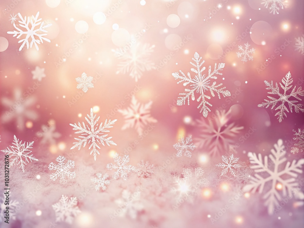 Beautiful Pink Background with Blurred White Snowflakes for Winter Decor and Seasonal Designs Beautiful Pink Background with Blurred White Snowflakes for Winter Decor and Seasonal Designs