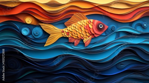 Silhouette of a fish swimming through abstract layered paper cut waves, featuring dynamic lines and bold colors for aquaticthemed artwork photo