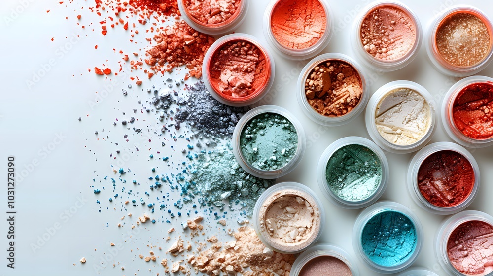 Collection of loose mineral powders in diverse colors with scattered pigments on white background. Flat lay composition. Beauty and skincare concept for cosmetics and makeup design. Collection of loose mineral powders in diverse colors with scattered pigments on white background. Flat lay composition. Beauty and skincare concept for cosmetics and makeup design.