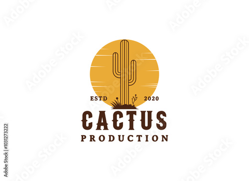 Vintage Cactus logo design. Wild Cacti Saguaro Cactus and Ocotillo grass on Western Texas Desert Landscape for Vintage Wild West Nature Logo Design