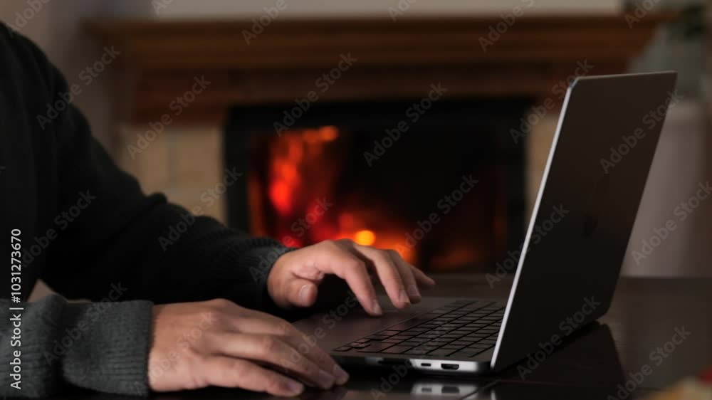Man typing on laptop with fireplace in background Man typing on laptop with fireplace in background