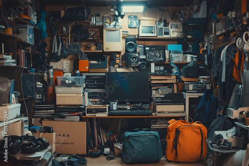 A cluttered room filled with bookshelves, boxes, and stacks of paper. Natural light streams in from a window overlooking a tree. The room appears to be an office or storage space.