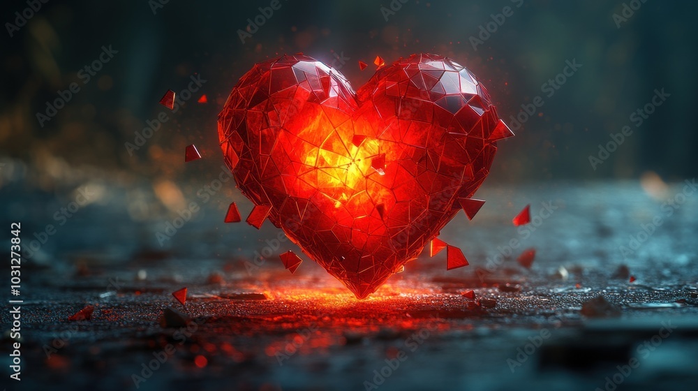 A glowing, fragmented heart sculpture radiating vibrant energy. A glowing, fragmented heart sculpture radiating vibrant energy.