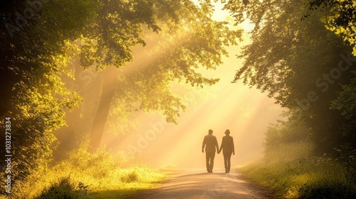 A couple walks hand-in-hand down a path in a sun-drenched forest.