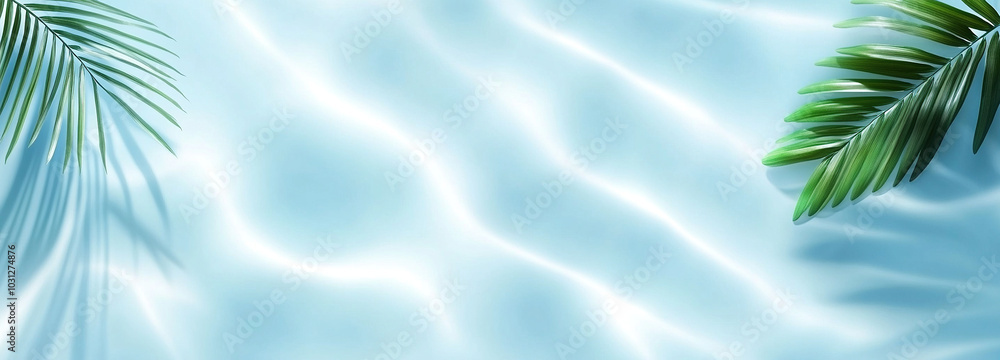 3d render of palm leaf on beautiful beach with clear sea water, poster for cosmetics and beauty 3d render of palm leaf on beautiful beach with clear sea water, poster for cosmetics and beauty