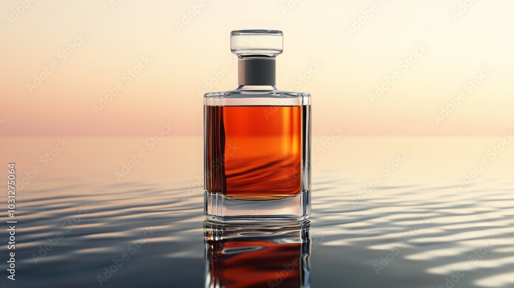 Elegant perfume bottle on serene water at sunset. Elegant perfume bottle on serene water at sunset.